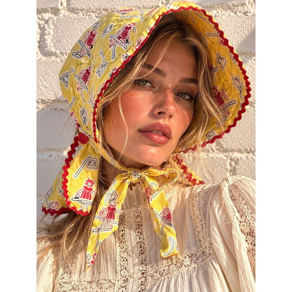 Vintage Yellow Cotton Quilted Sun Bonnet Rickrack Kitsch Prairie Garden Hat 70s